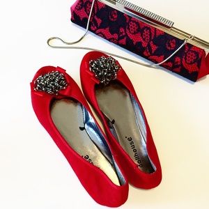 Red velvet flats with silver embellishment